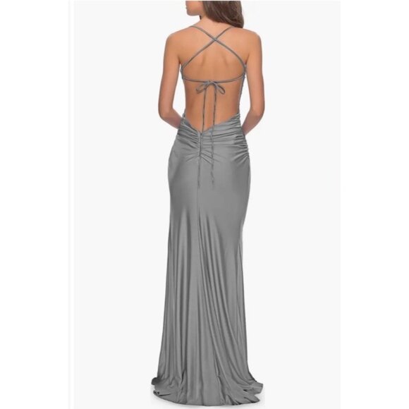 La Femme Size 4 Silver Gray Tie Back Satin Maxi Cocktail Prom Gown Dress Slit - Picture 3 of 10